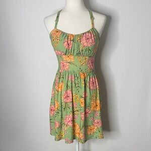 Derek Heart Floral Green and Pink Halter Dress Small